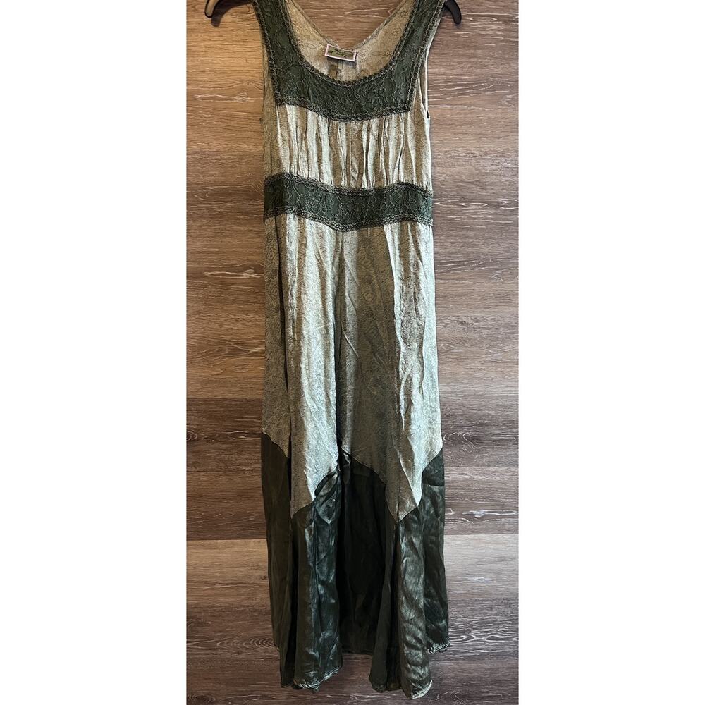 Boho Hippie Whimsigoth Rayon Dress Womens M Green Brown Fairy Core Lace Witchy - Picture 1 of 9